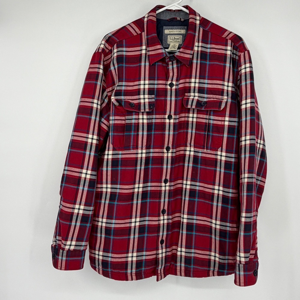 LL Bean Shirt Jacket Men L Red Plaid PrimaLoft Insulated Flannel 298234